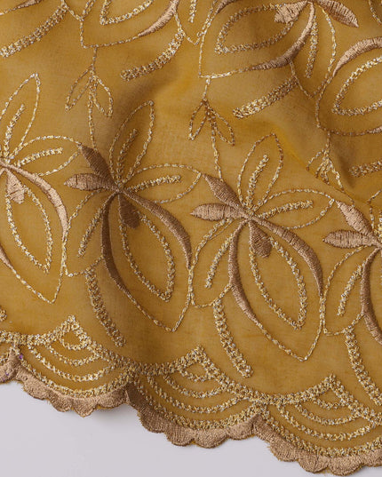 Mustard Yellow Swiss Cotton Voile Sudanese Thobe Fabric with Gold Floral Embroidery, 4.5 MetersX140 Cms-D21390