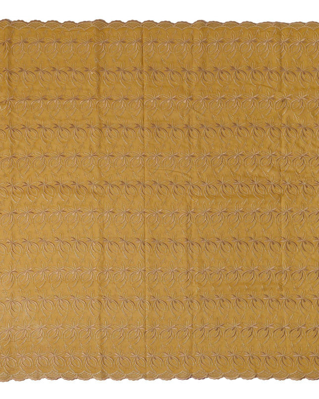 Mustard Yellow Swiss Cotton Voile Sudanese Thobe Fabric with Gold Floral Embroidery, 4.5 MetersX140 Cms-D21390