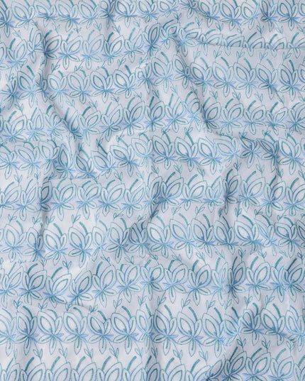 White Swiss Cotton Voile Sudanese Thobe Fabric with Blue Floral Embroidery, 4.5 MetersX140 Cms-D21391