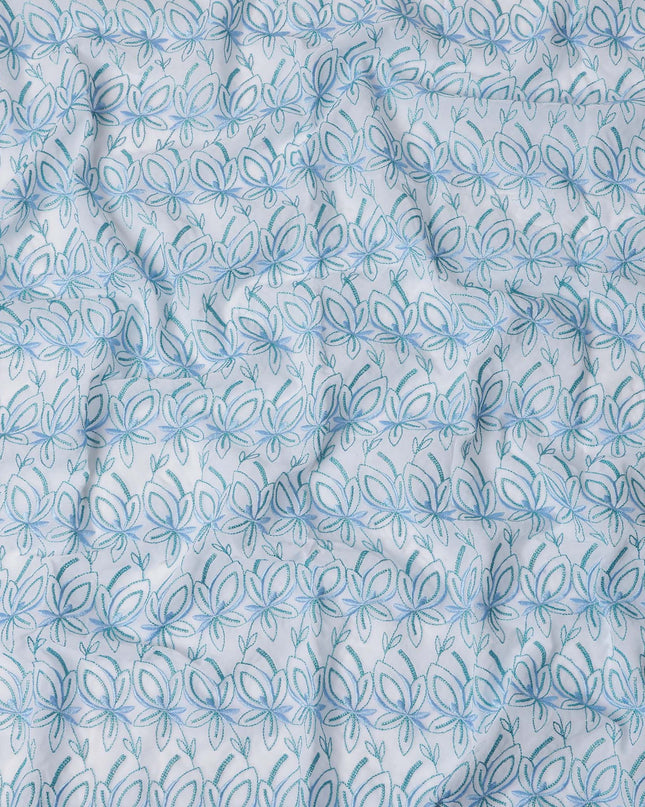 White Swiss Cotton Voile Sudanese Thobe Fabric with Blue Floral Embroidery, 4.5 MetersX140 Cms-D21391