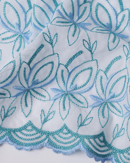 White Swiss Cotton Voile Sudanese Thobe Fabric with Blue Floral Embroidery, 4.5 MetersX140 Cms-D21391