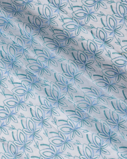 White Swiss Cotton Voile Sudanese Thobe Fabric with Blue Floral Embroidery, 4.5 MetersX140 Cms-D21391