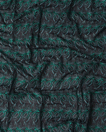 Black Swiss Cotton Voile Sudanese Thobe Fabric with Green Floral Embroidery, 4.5 MetersX140 Cms-D21392