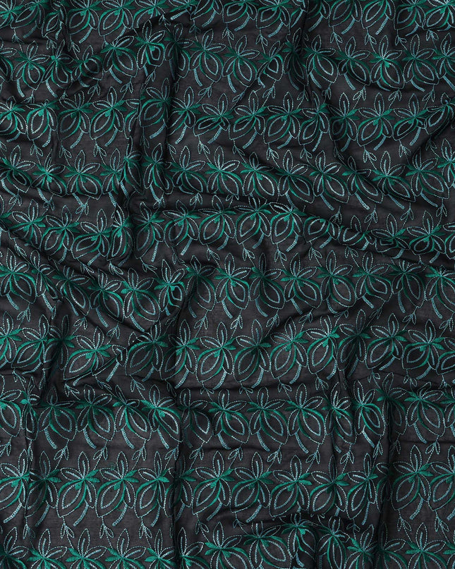 Black Swiss Cotton Voile Sudanese Thobe Fabric with Green Floral Embroidery, 4.5 MetersX140 Cms-D21392