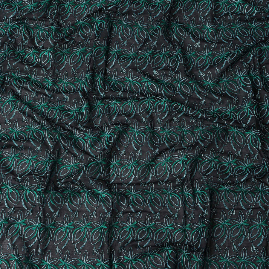 Black Swiss Cotton Voile Sudanese Thobe Fabric with Green Floral Embroidery, 4.5 MetersX140 Cms-D21392