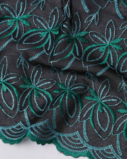 Black Swiss Cotton Voile Sudanese Thobe Fabric with Green Floral Embroidery, 4.5 MetersX140 Cms-D21392