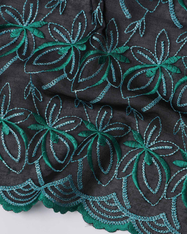 Black Swiss Cotton Voile Sudanese Thobe Fabric with Green Floral Embroidery, 4.5 MetersX140 Cms-D21392