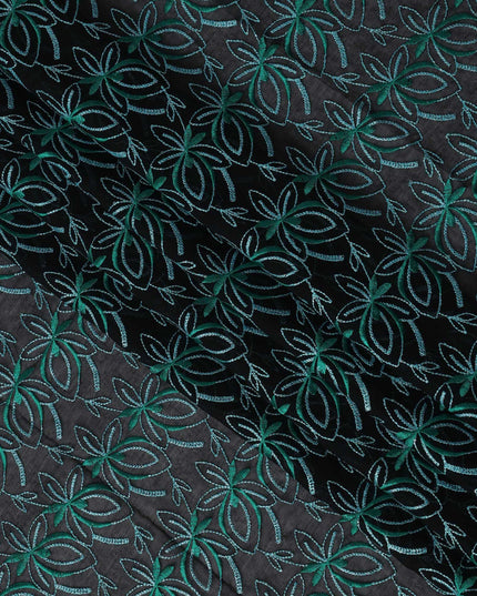 Black Swiss Cotton Voile Sudanese Thobe Fabric with Green Floral Embroidery, 4.5 MetersX140 Cms-D21392