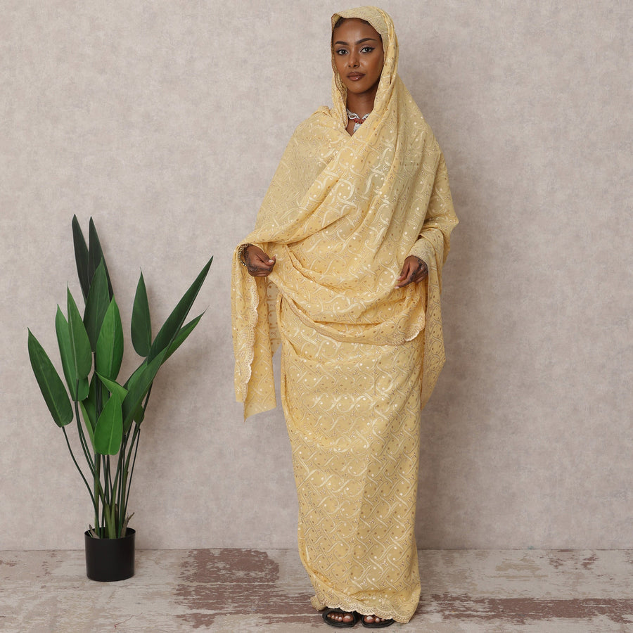 ثوب سوداني تقليدي فاخر ذهبي - قماش تطريز فوال قطني سويسري خالص، 4.5 متر، عرض 140 سم، سويسرا - D22466