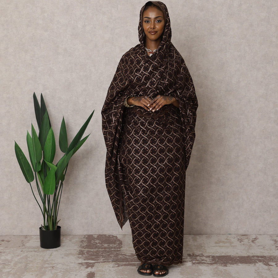 ثوب سوداني تقليدي فاخر باللون البني - قماش تطريز فوال قطني سويسري خالص، 4.5 متر، عرض 140 سم، سويسرا - D22468