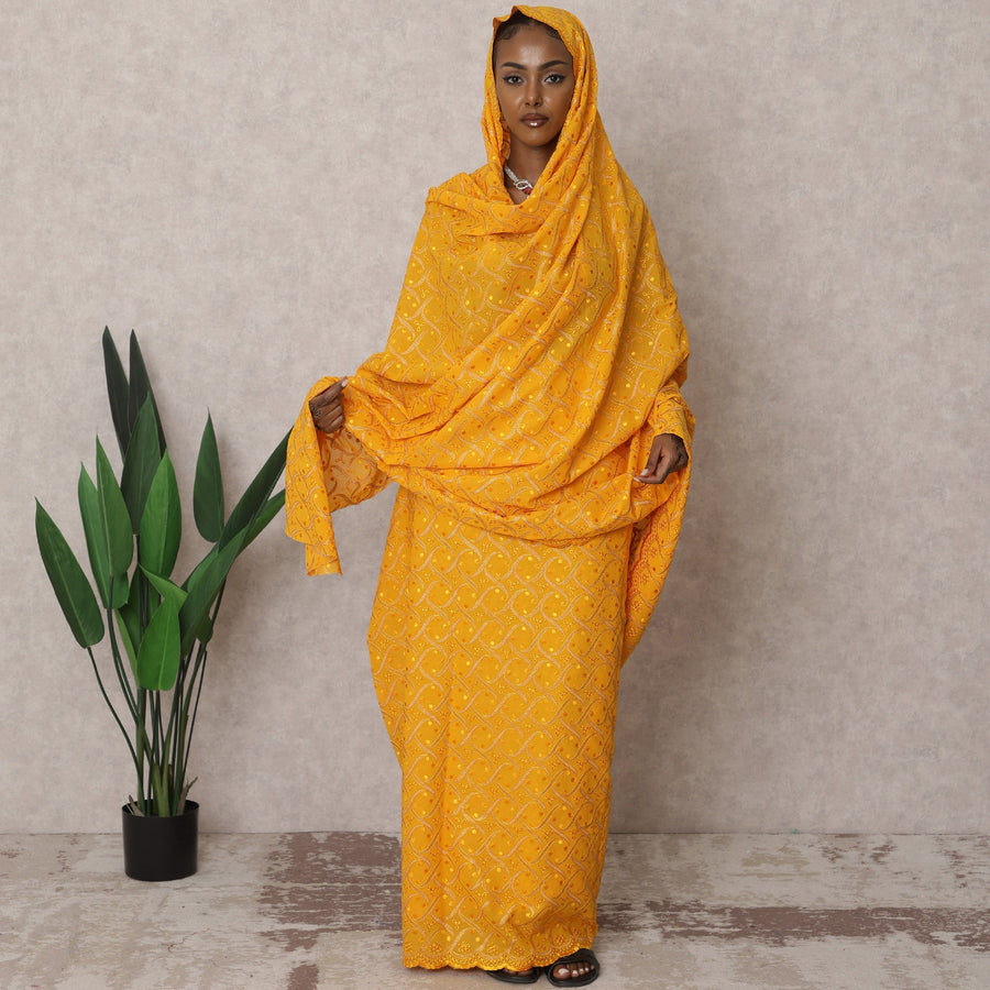 ثوب سوداني تقليدي فاخر باللون الأصفر الخردلي - قماش تطريز فوال قطني سويسري خالص، 4.5 متر، عرض 140 سم، سويسرا - D22470