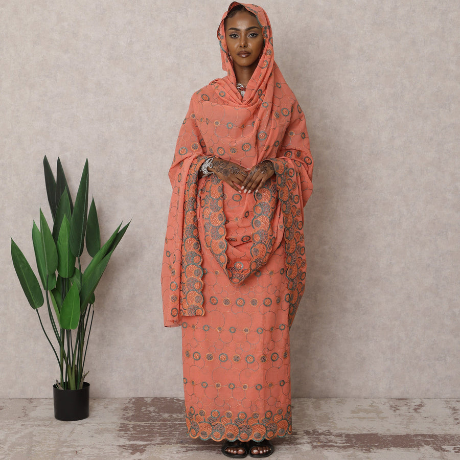 Terracotta Traditional Premium Sudanese Thobe – Pure Swiss Cotton Voile Embroidery Fabric, 4.5 Meters, 140 cm Width, Switzerland-D22473