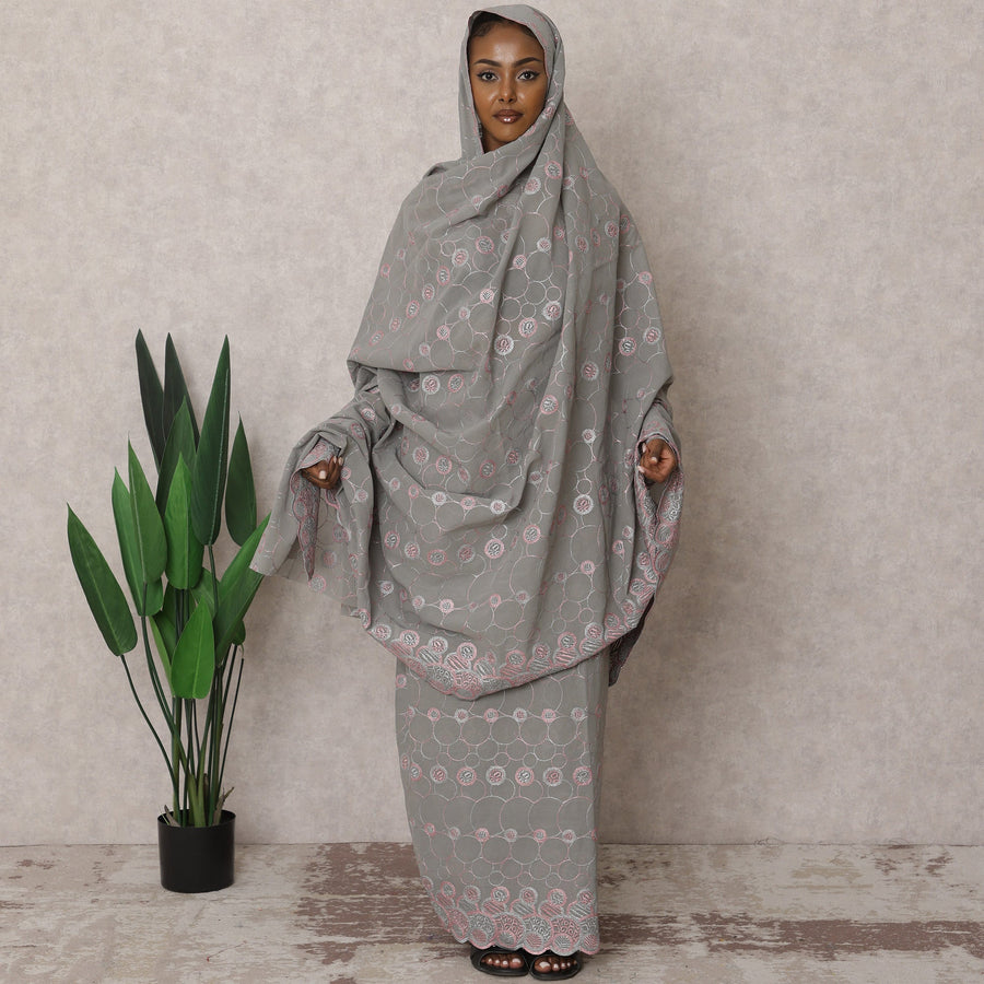 Grey Traditional Premium Sudanese Thobe – Pure Swiss Cotton Voile Embroidery Fabric, 4.5 Meters, 140 cm Width, Switzerland-D22474