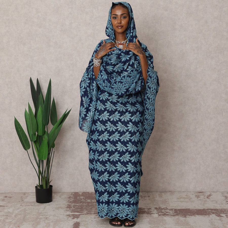 ثوب سوداني تقليدي فاخر أزرق داكن - قماش تطريز فوال قطني سويسري خالص، 4.5 متر، عرض 140 سم، سويسرا - D22478