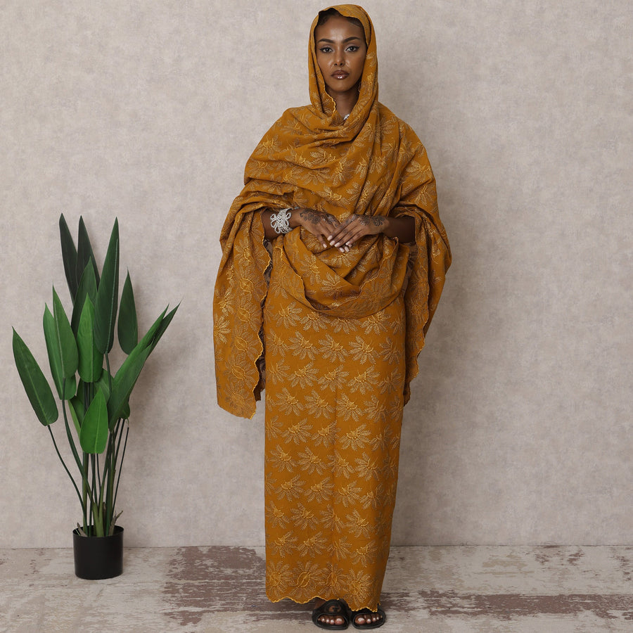Mustard Traditional Premium Sudanese Thobe – Pure Swiss Cotton Voile Embroidery Fabric, 4.5 Meters, 140 cm Width, Switzerland-D22480