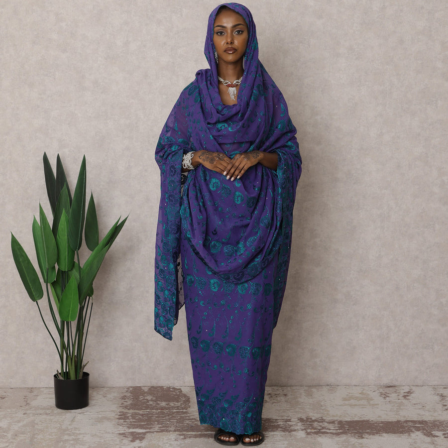 Purple Traditional Premium Sudanese Thobe – Pure Swiss Cotton Voile Embroidery Fabric with Stone Work, 4.5 Meters, 140 cm Width, Switzerland-D22481