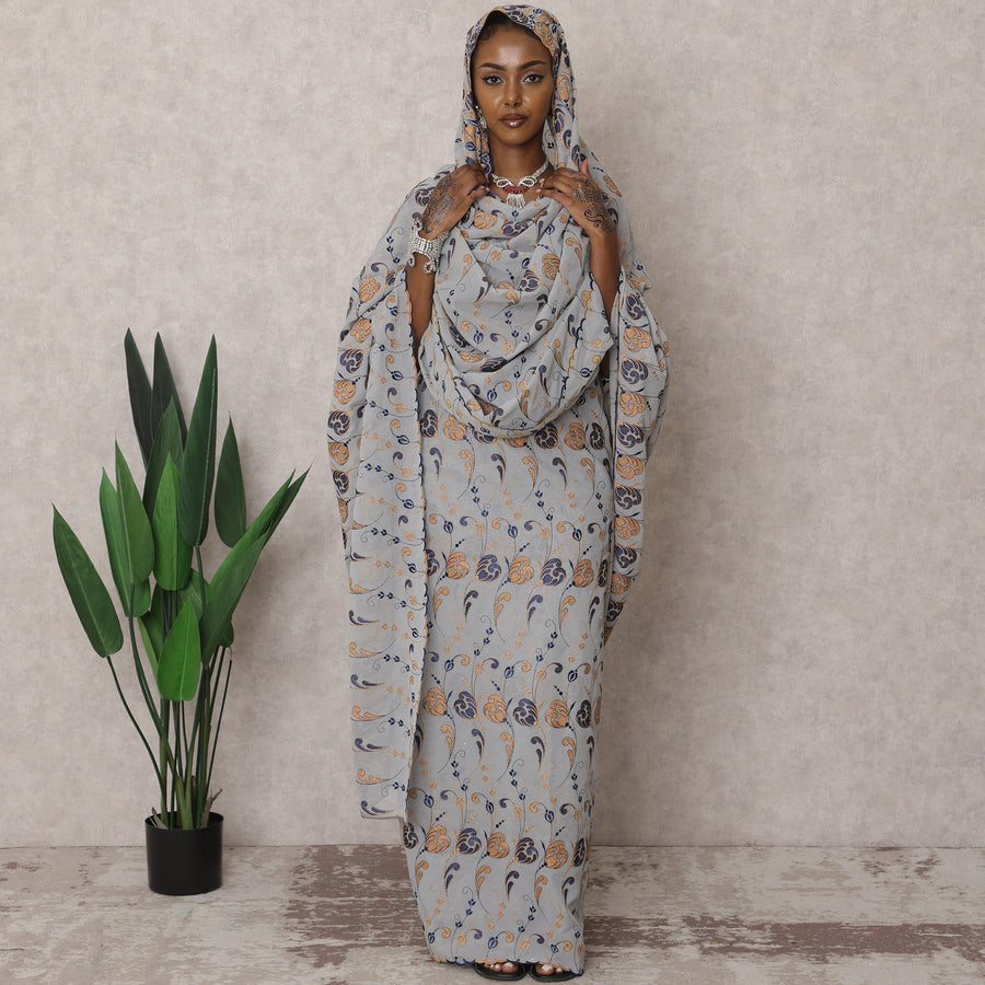 Grey Traditional Premium Sudanese Thobe – Pure Swiss Cotton Voile Embroidery Fabric with Stone Work, 4.5 Meters, 140 cm Width, Switzerland-D22482