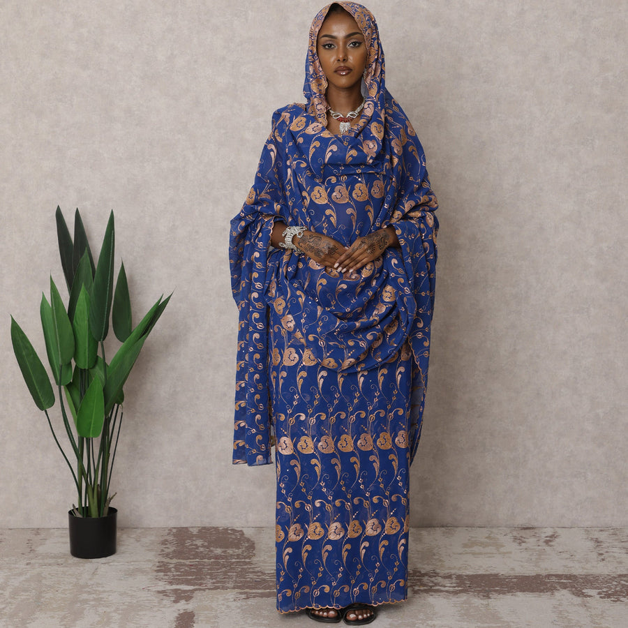 Royal Blue Traditional Premium Sudanese Thobe – Pure Swiss Cotton Voile Embroidery Fabric with Stone Work, 4.5 Meters, 140 cm Width, Switzerland-D22484