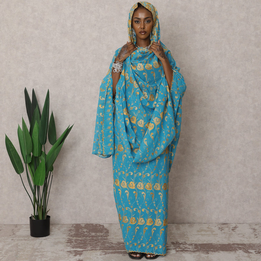 Turquoise Blue Traditional Premium Sudanese Thobe – Pure Swiss Cotton Voile Embroidery Fabric with Stone Work, 4.5 Meters, 140 cm Width, Switzerland-D22485