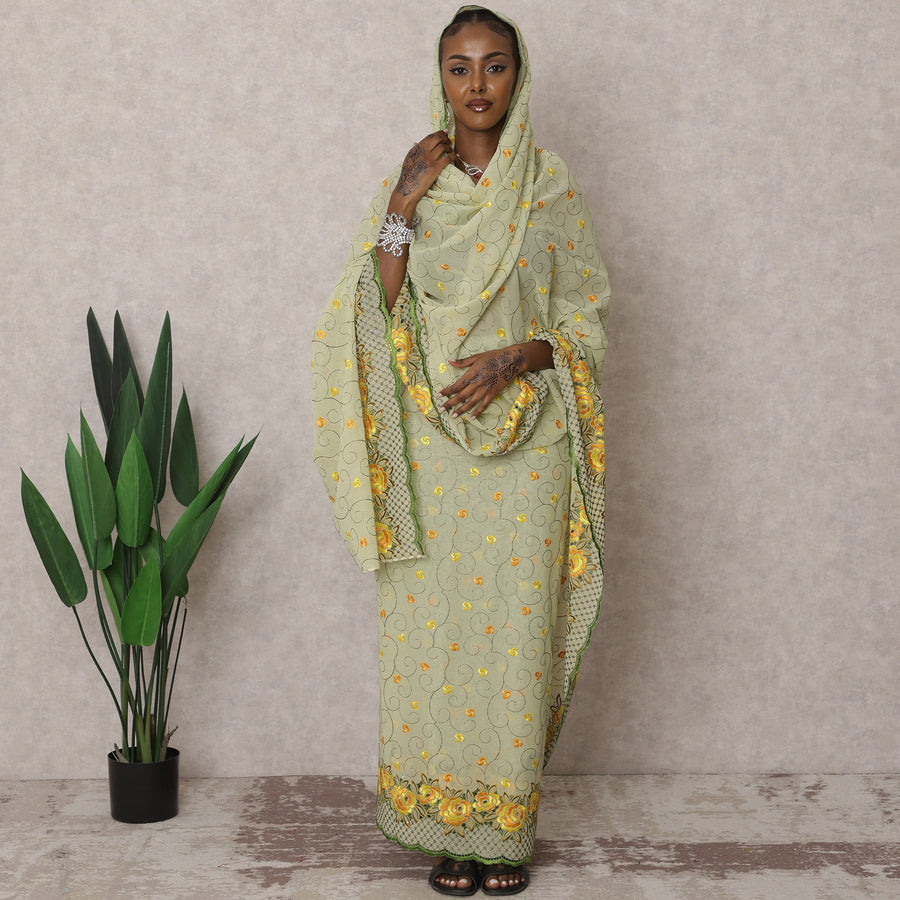 Light Olive Traditional Premium Sudanese Thobe – Pure Swiss Cotton Voile Embroidery Fabric with Stone Work, 4.5 Meters, 140 cm Width, Switzerland-D22489