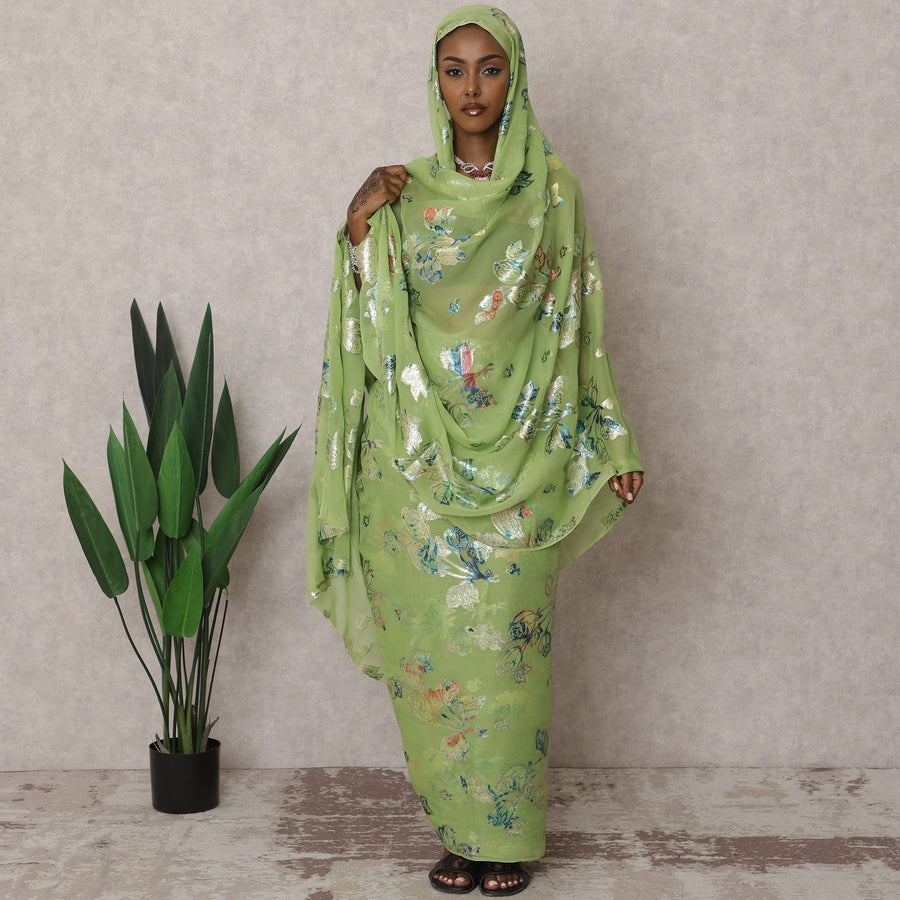 ثوب سوداني تقليدي فاخر باللون الأخضر الفاتح - قماش شيفون حرير نقي مع لوركس معدني، 4.5 متر، عرض 110 سم، كوريا الجنوبية - D22492