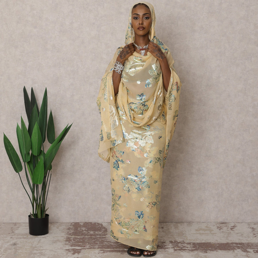 ثوب سوداني فاخر تقليدي ذهبي - قماش شيفون حرير نقي مع لوركس معدني، 4.5 متر، عرض 110 سم، كوريا الجنوبية - D22493