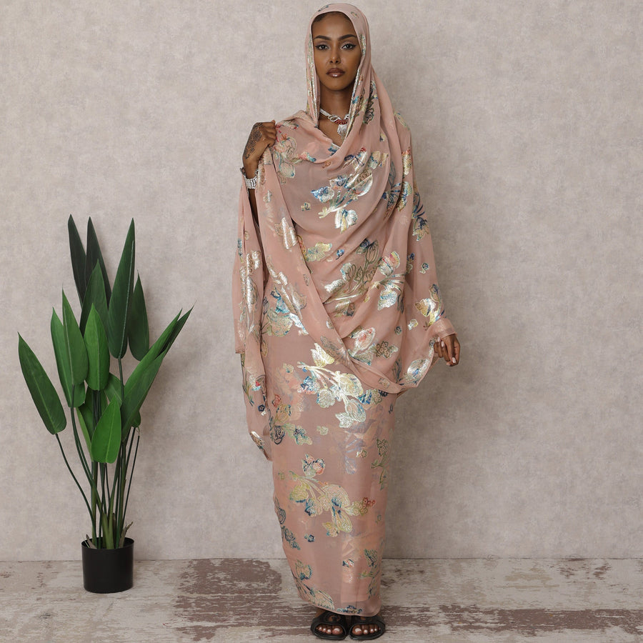 Nude Pink Traditional Premium Sudanese Thobe – Pure Silk Chiffon Fabric with Metallic Lurex, 4.5 Meters, 110 cm Width, South Korea-D22494