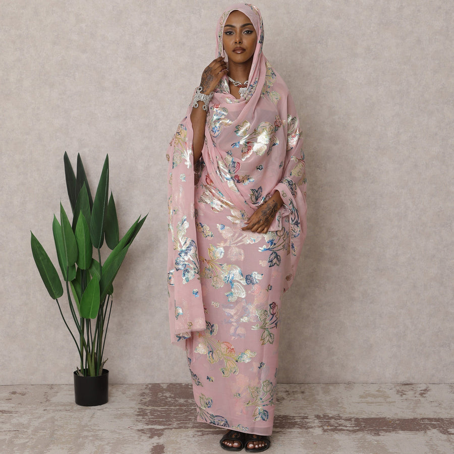 ثوب سوداني تقليدي فاخر باللون الوردي الفاتح - قماش شيفون حريري خالص مع لوركس معدني، 4.5 متر، عرض 110 سم، كوريا الجنوبية - D22495