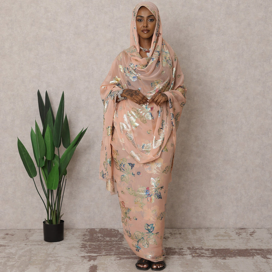 ثوب سوداني تقليدي فاخر بلون الخوخ العاري - قماش شيفون حريري خالص مع لوركس معدني، 4.5 متر، عرض 110 سم، كوريا الجنوبية - D22497