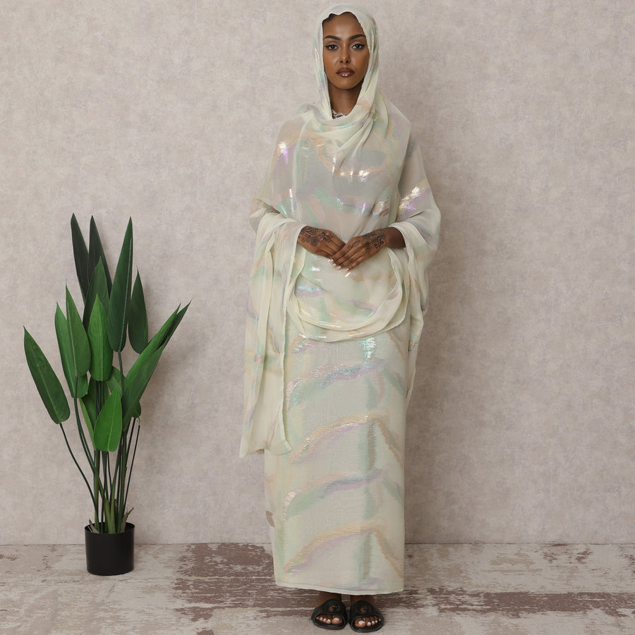 ثوب سوداني تقليدي فاخر باللون الأصفر الفاتح - قماش شيفون حرير نقي مع لوركس معدني، 4.5 متر، عرض 110 سم، كوريا الجنوبية - D22500