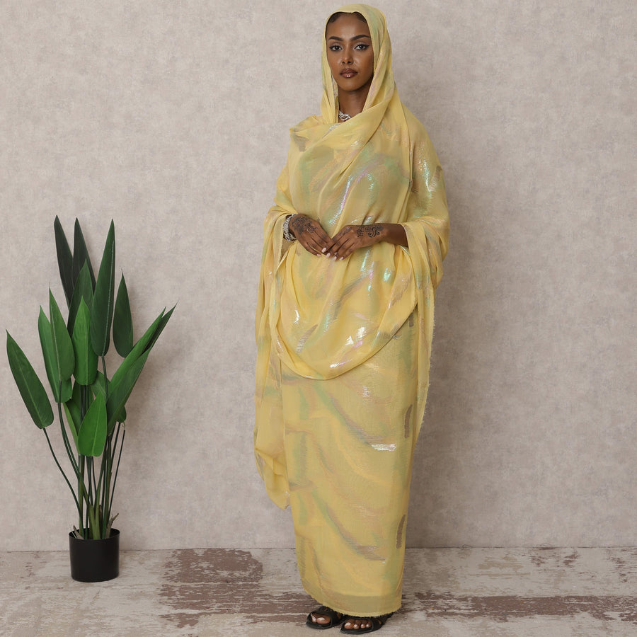 ثوب سوداني تقليدي فاخر أصفر اللون - قماش شيفون حرير نقي مع لوركس معدني، 4.5 متر، عرض 110 سم، كوريا الجنوبية - D22501