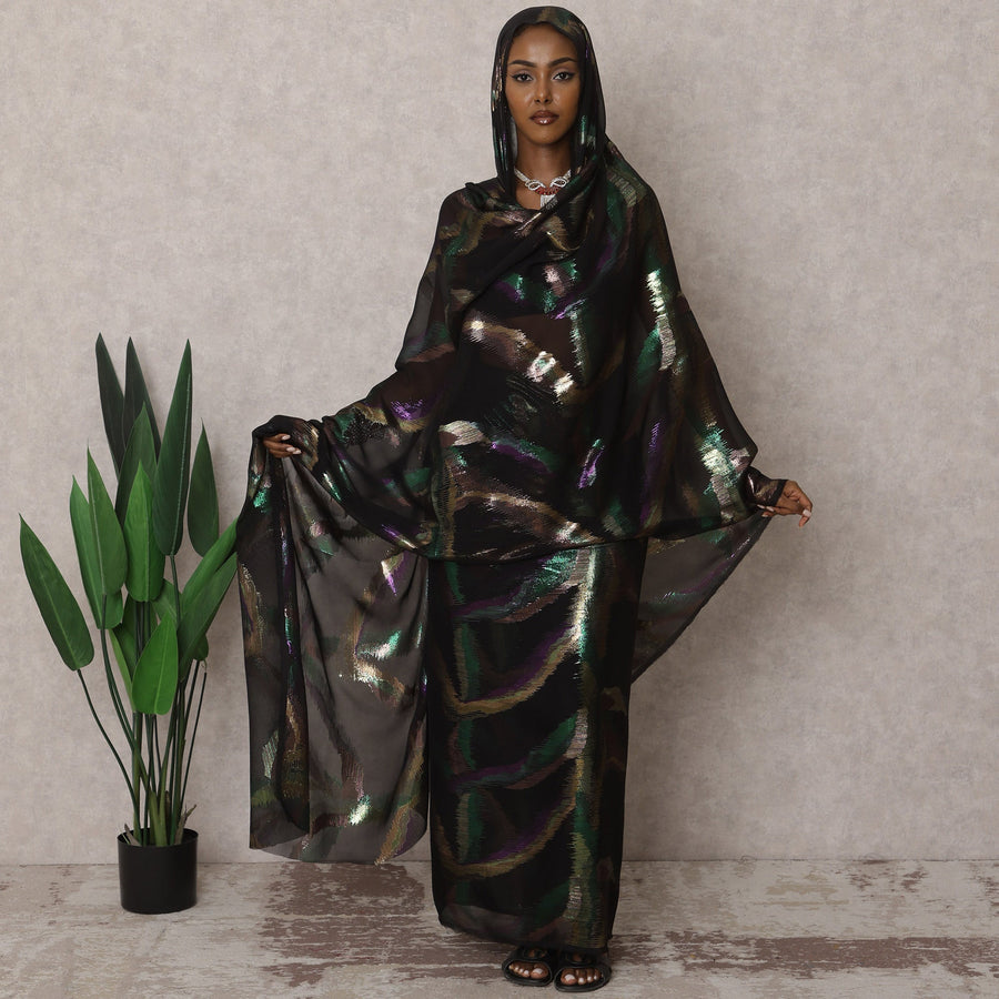 Black Traditional Premium Sudanese Thobe – Pure Silk Chiffon Fabric with Metallic Lurex, 4.5 Meters, 110 cm Width, South Korea-D22502