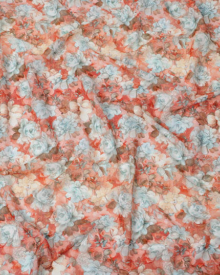 Coral Red Floral Rose Print Cotton Voile Fabric with Pastel Highlights, 140 Cms Width, Made in India-D24319