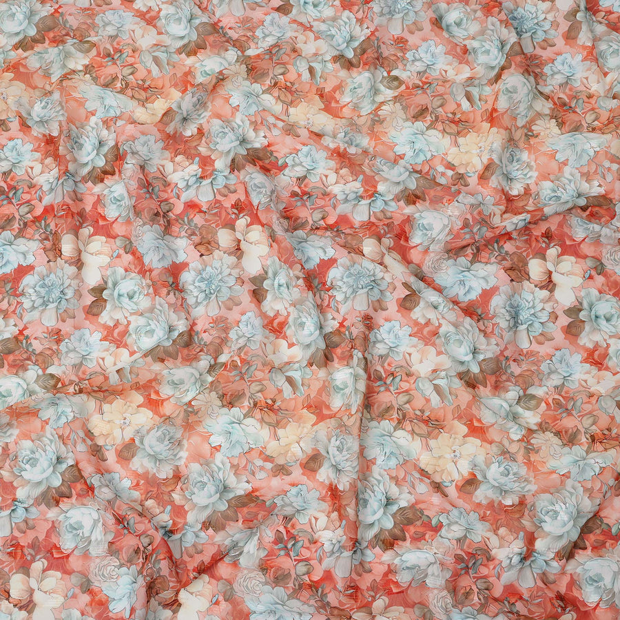 Coral Red Floral Rose Print Cotton Voile Fabric with Pastel Highlights, 140 Cms Width, Made in India-D24319