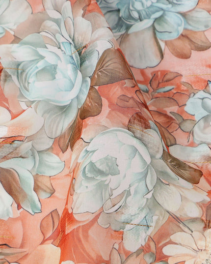 Coral Red Floral Rose Print Cotton Voile Fabric with Pastel Highlights, 140 Cms Width, Made in India-D24319