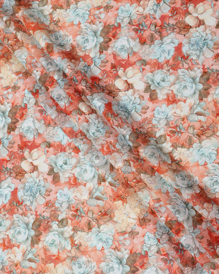 Coral Red Floral Rose Print Cotton Voile Fabric with Pastel Highlights, 140 Cms Width, Made in India-D24319