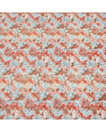 Coral Red Floral Rose Print Cotton Voile Fabric with Pastel Highlights, 140 Cms Width, Made in India-D24319