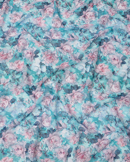 Turquoise Blue Rose Print Cotton Voile Fabric with Pink and Lilac Floral Design, 140 Cms Width, Made in India-D24320