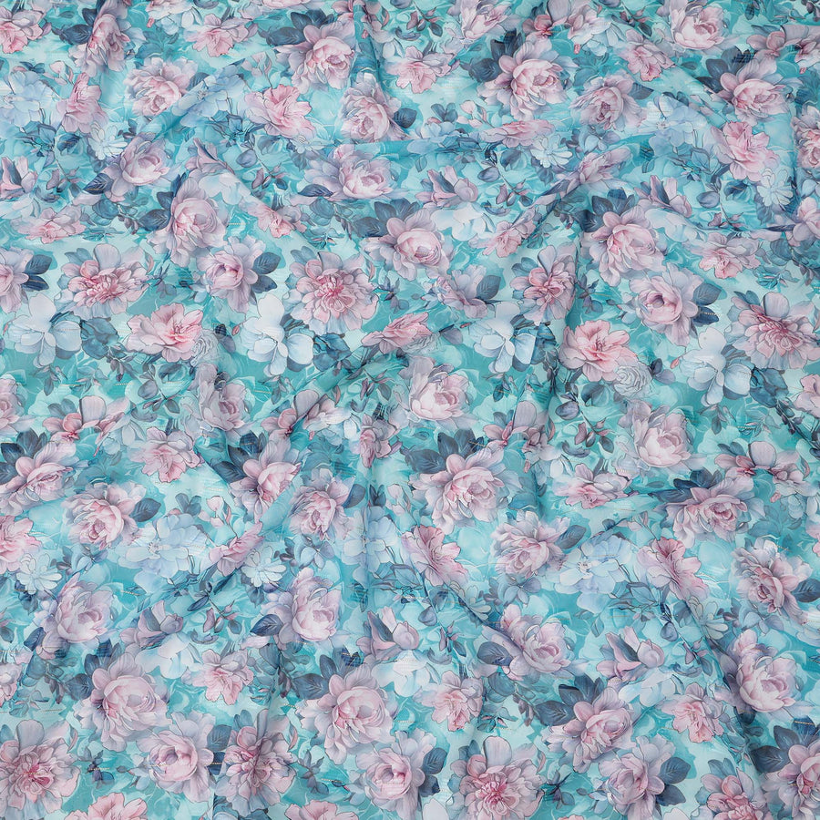 Turquoise Blue Rose Print Cotton Voile Fabric with Pink and Lilac Floral Design, 140 Cms Width, Made in India-D24320