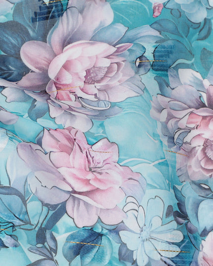 Turquoise Blue Rose Print Cotton Voile Fabric with Pink and Lilac Floral Design, 140 Cms Width, Made in India-D24320