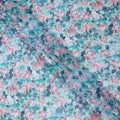 Turquoise Blue Rose Print Cotton Voile Fabric with Pink and Lilac Floral Design, 140 Cms Width, Made in India-D24320
