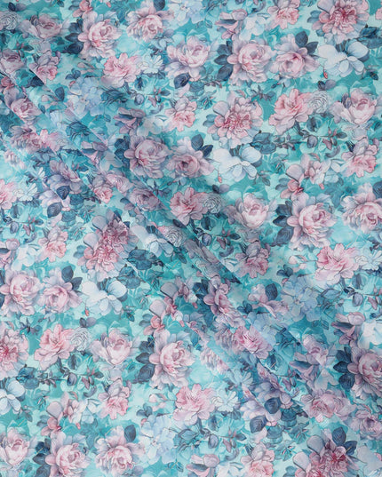 Turquoise Blue Rose Print Cotton Voile Fabric with Pink and Lilac Floral Design, 140 Cms Width, Made in India-D24320