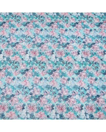 Turquoise Blue Rose Print Cotton Voile Fabric with Pink and Lilac Floral Design, 140 Cms Width, Made in India-D24320