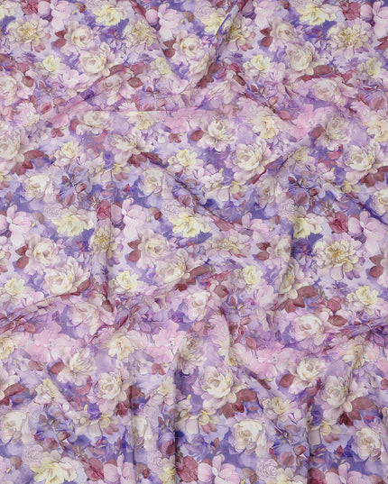 Lavender Purple Floral Rose Print Cotton Voile Fabric with Yellow and Cream Accents, 140 Cms Width, Made in India-D24321