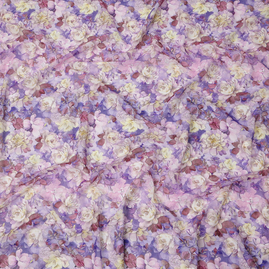 Lavender Purple Floral Rose Print Cotton Voile Fabric with Yellow and Cream Accents, 140 Cms Width, Made in India-D24321