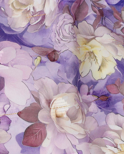 Lavender Purple Floral Rose Print Cotton Voile Fabric with Yellow and Cream Accents, 140 Cms Width, Made in India-D24321