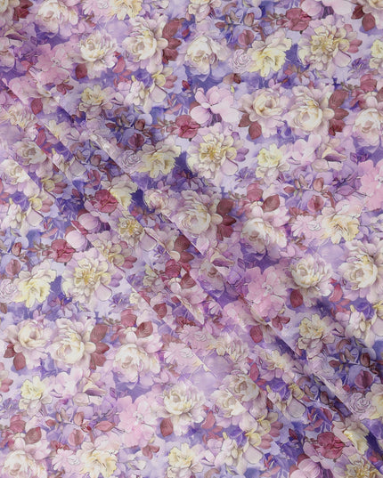 Lavender Purple Floral Rose Print Cotton Voile Fabric with Yellow and Cream Accents, 140 Cms Width, Made in India-D24321