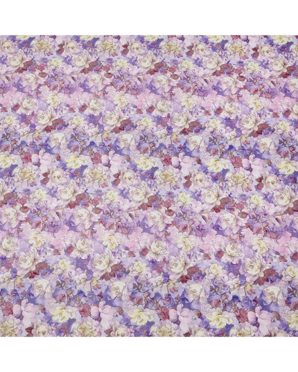 Lavender Purple Floral Rose Print Cotton Voile Fabric with Yellow and Cream Accents, 140 Cms Width, Made in India-D24321