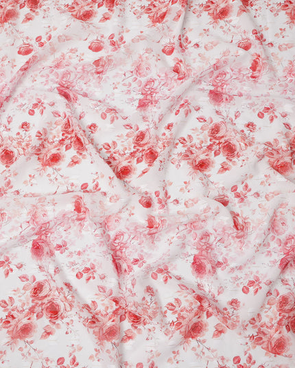 White Rose Print Cotton Voile Fabric with Red and Blush Floral Design, 140 Cms Width, Made in India-D24322