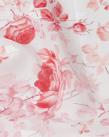White Rose Print Cotton Voile Fabric with Red and Blush Floral Design, 140 Cms Width, Made in India-D24322
